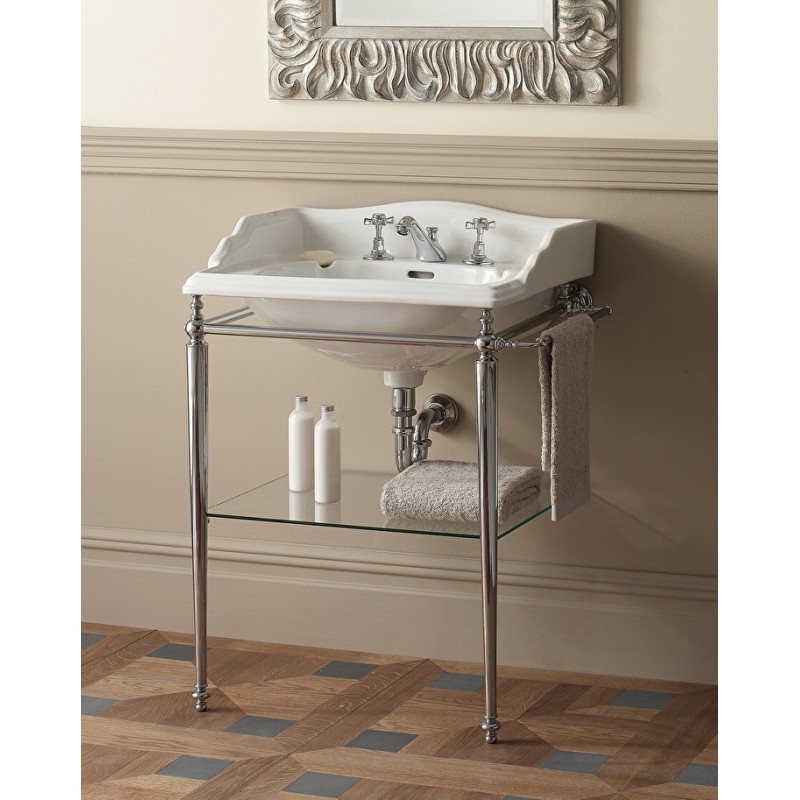 Tiffany Consolle per lavabo Cambridge con portasciugamani e ripiano portaoggetti in vetro L71xH90,8xD49 con finitura gambe Cromo